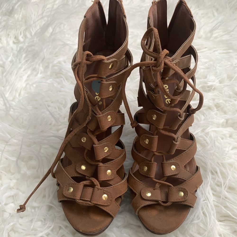 Brown lace wedges